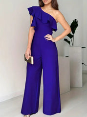 Damen-One-Shoulder-Jumpsuit mit weitem Bein und Rüschendetail