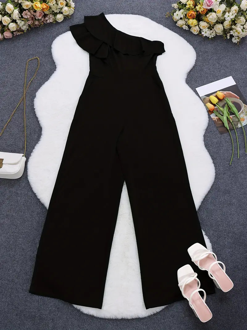 Damen-One-Shoulder-Jumpsuit mit weitem Bein und Rüschendetail