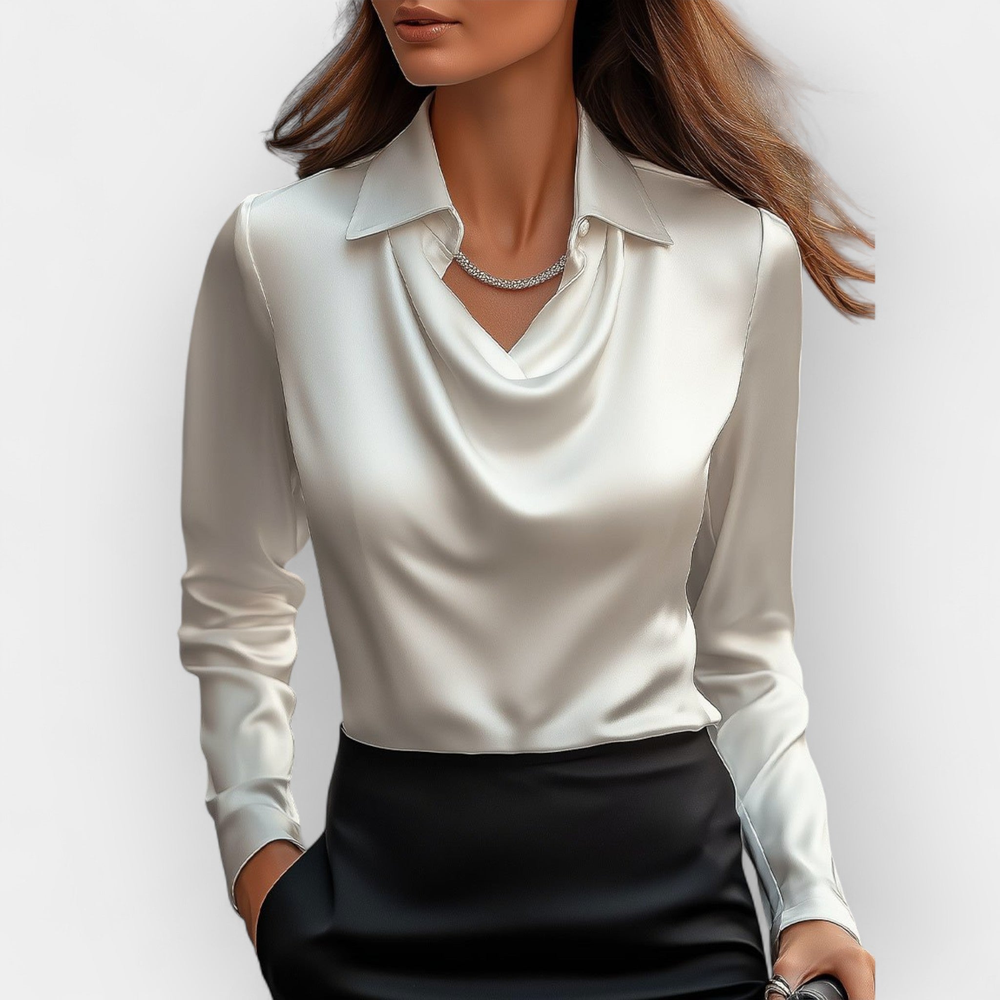 Women's satin blouse with waterfall collar and long sleeves