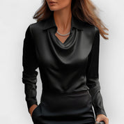 Women's satin blouse with waterfall collar and long sleeves