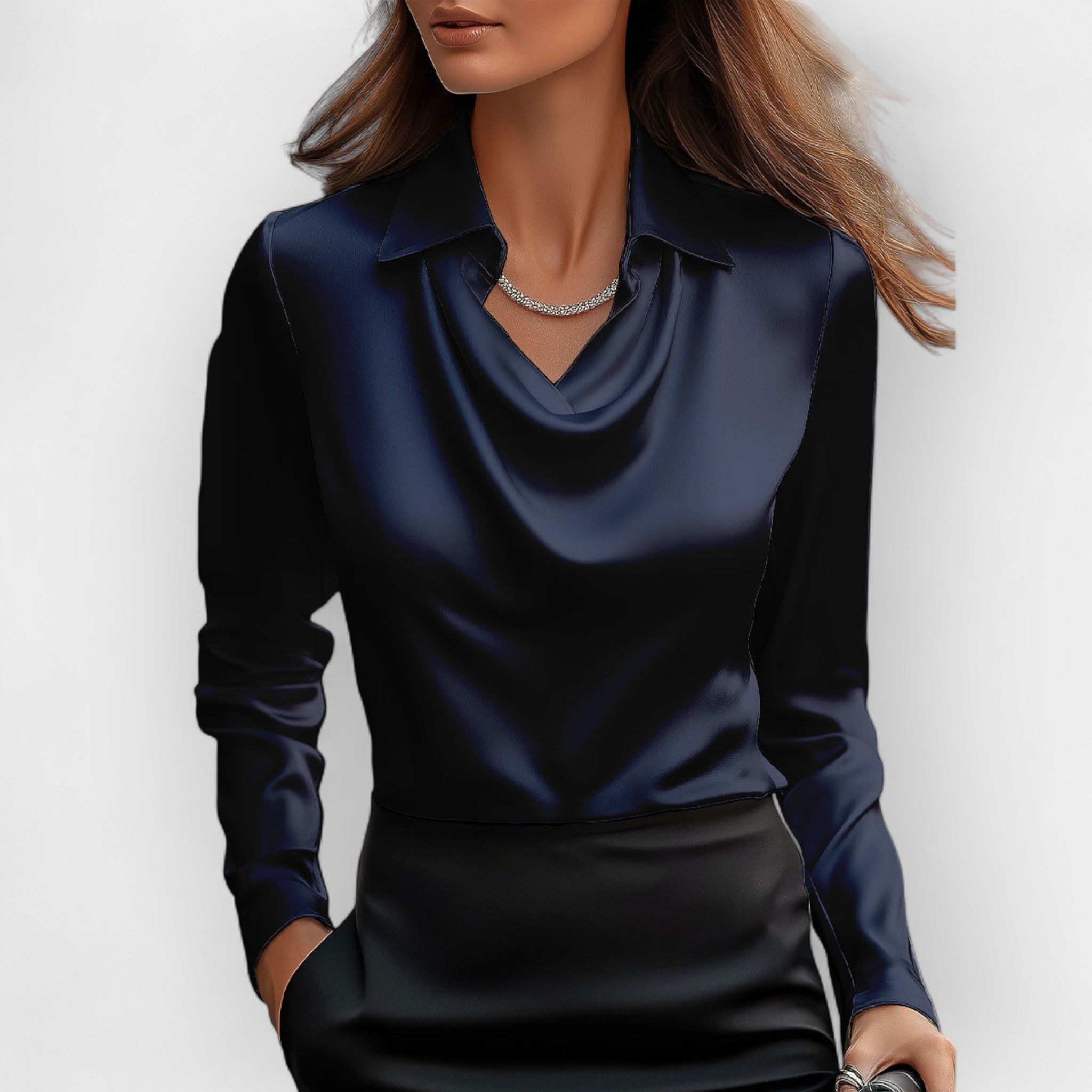 Women's satin blouse with waterfall collar and long sleeves
