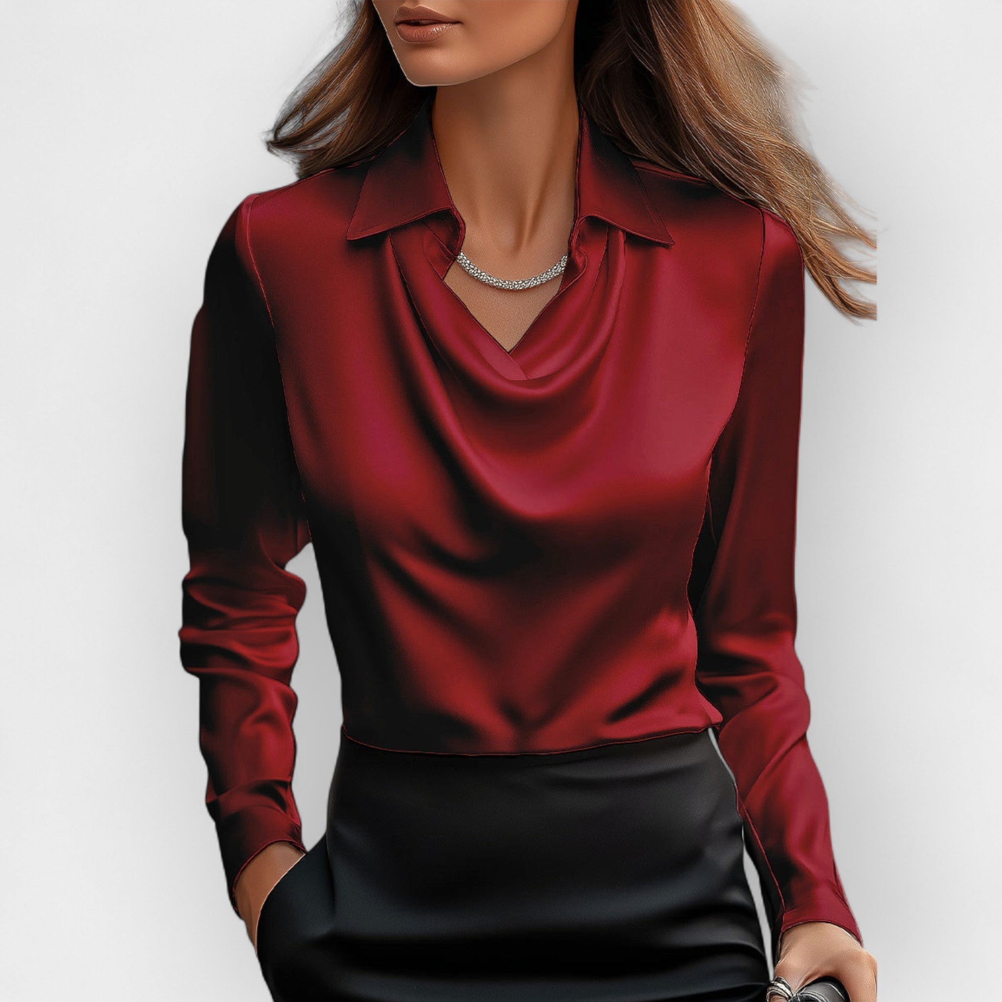 Women's satin blouse with waterfall collar and long sleeves