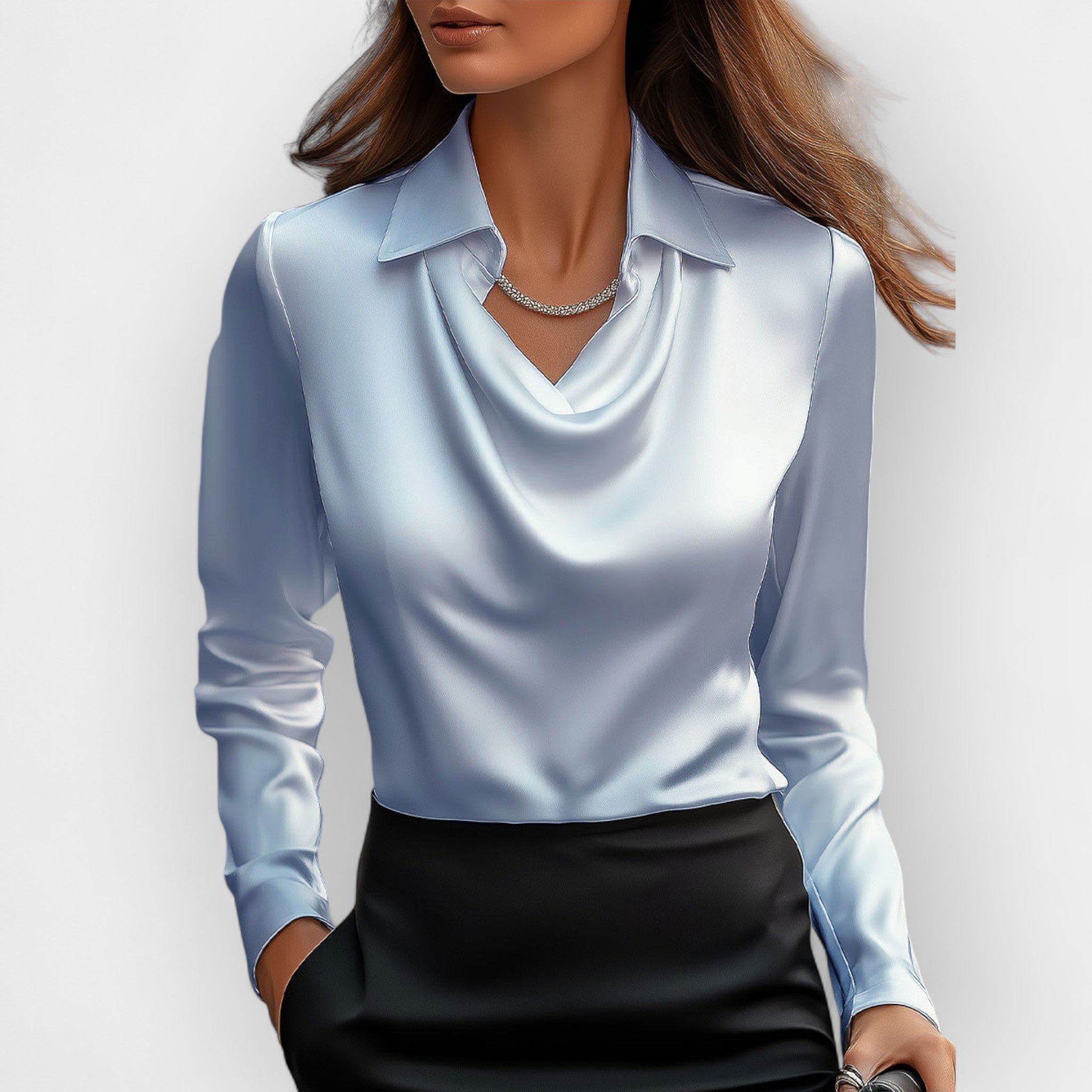Women's satin blouse with waterfall collar and long sleeves