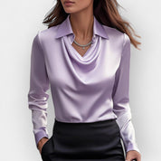 Women's satin blouse with waterfall collar and long sleeves