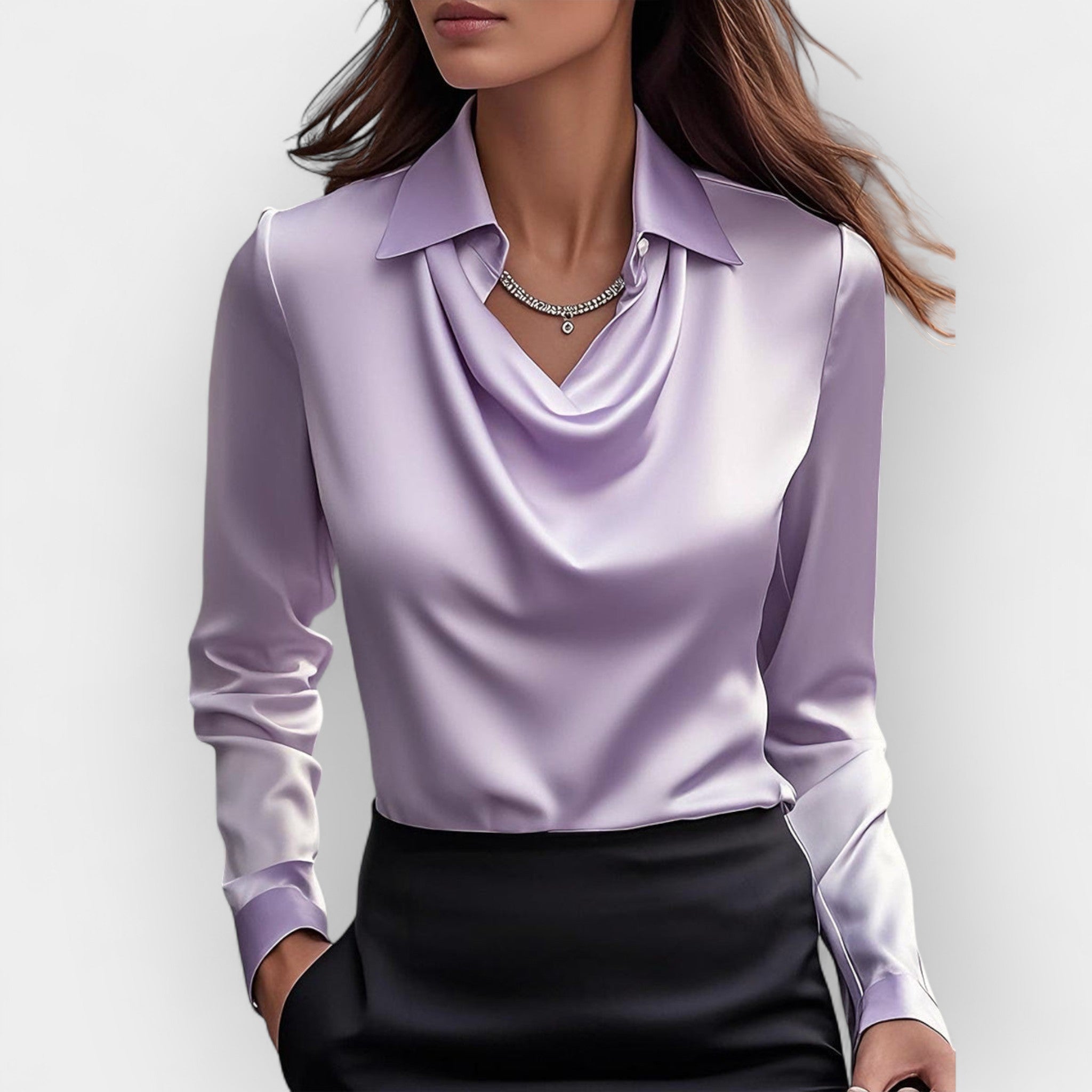 Women's satin blouse with waterfall collar and long sleeves