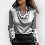Women's satin blouse with waterfall collar and long sleeves