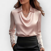 Women's satin blouse with waterfall collar and long sleeves
