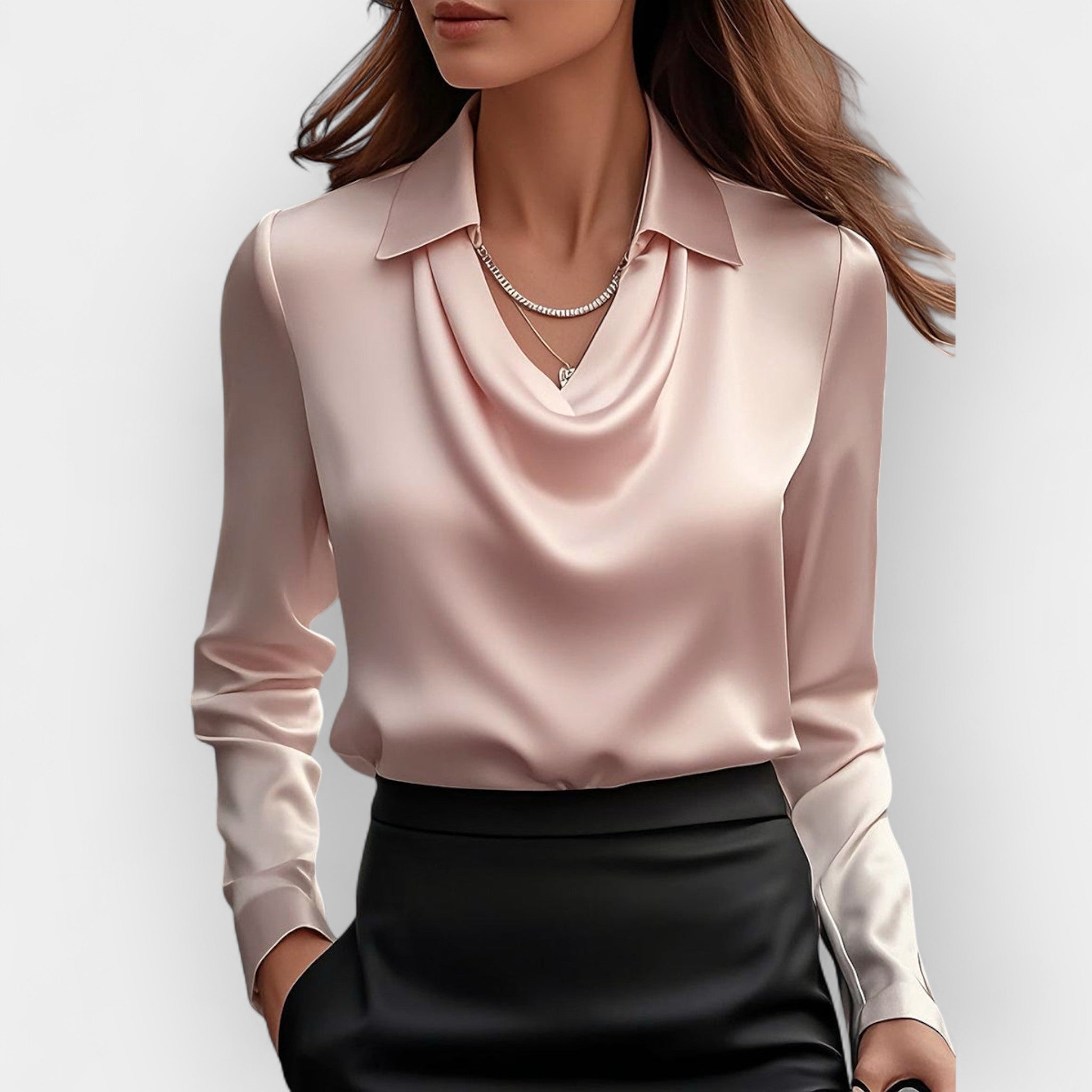 Women's satin blouse with waterfall collar and long sleeves