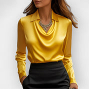 Women's satin blouse with waterfall collar and long sleeves
