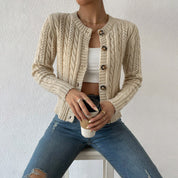 Women's cardigan with button placket and ribbed cuffs and hem