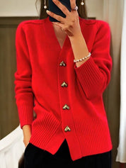 Women's cardigan with heart-shaped buttons and ribbed hem