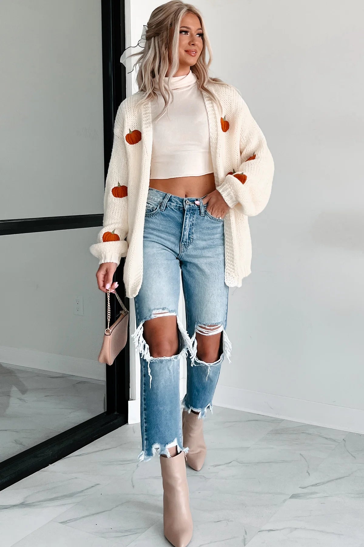 Damen Strickjacke mit langen Ärmeln offenem Vorderteil und geripptem Saum