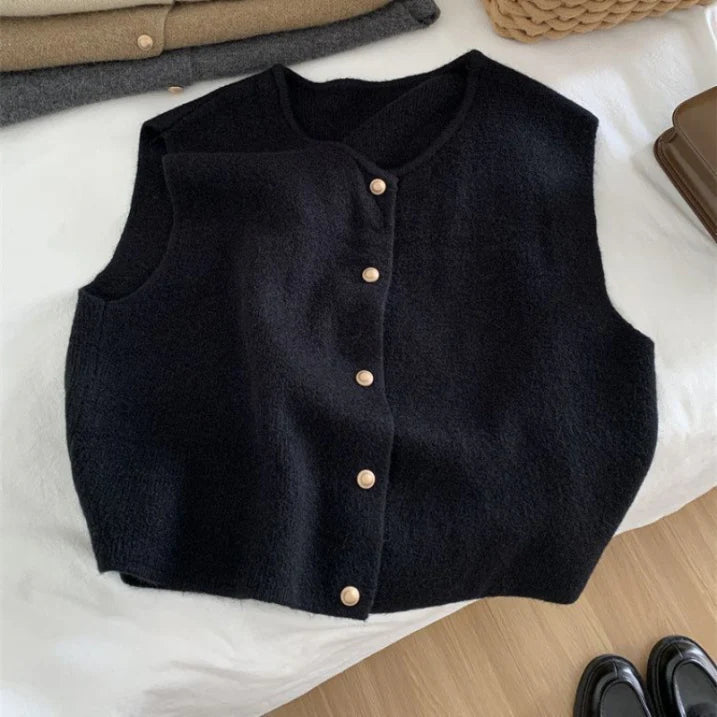 Women's knitted vest with button placket and stand-up collar