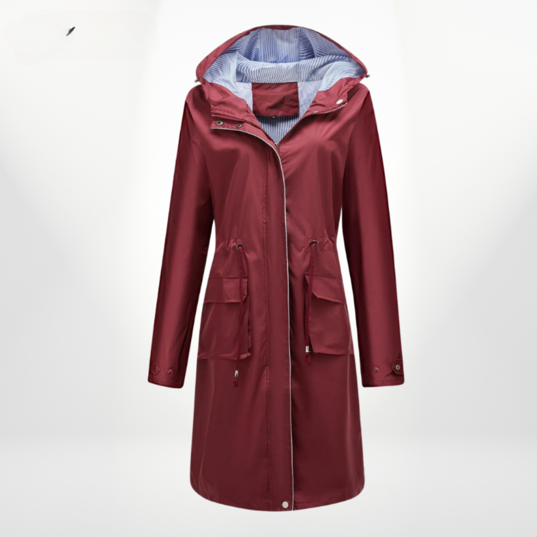 Women's trench coat with hood and drawstring waist