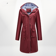 Women's trench coat with hood and drawstring waist