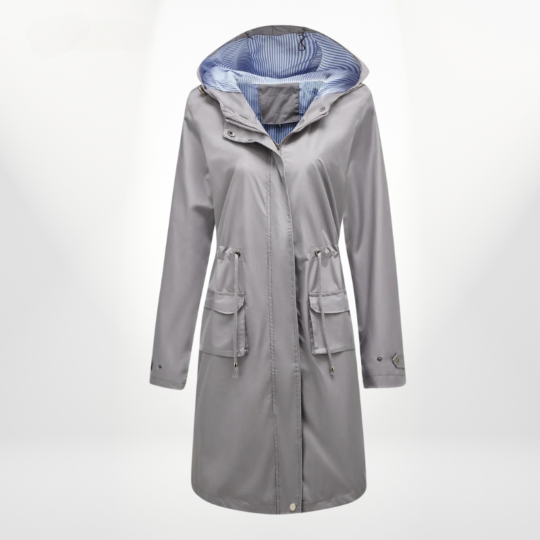 Women's trench coat with hood and drawstring waist