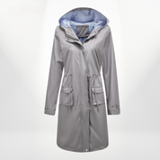 Women's trench coat with hood and drawstring waist