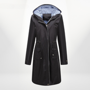 Women's trench coat with hood and drawstring waist