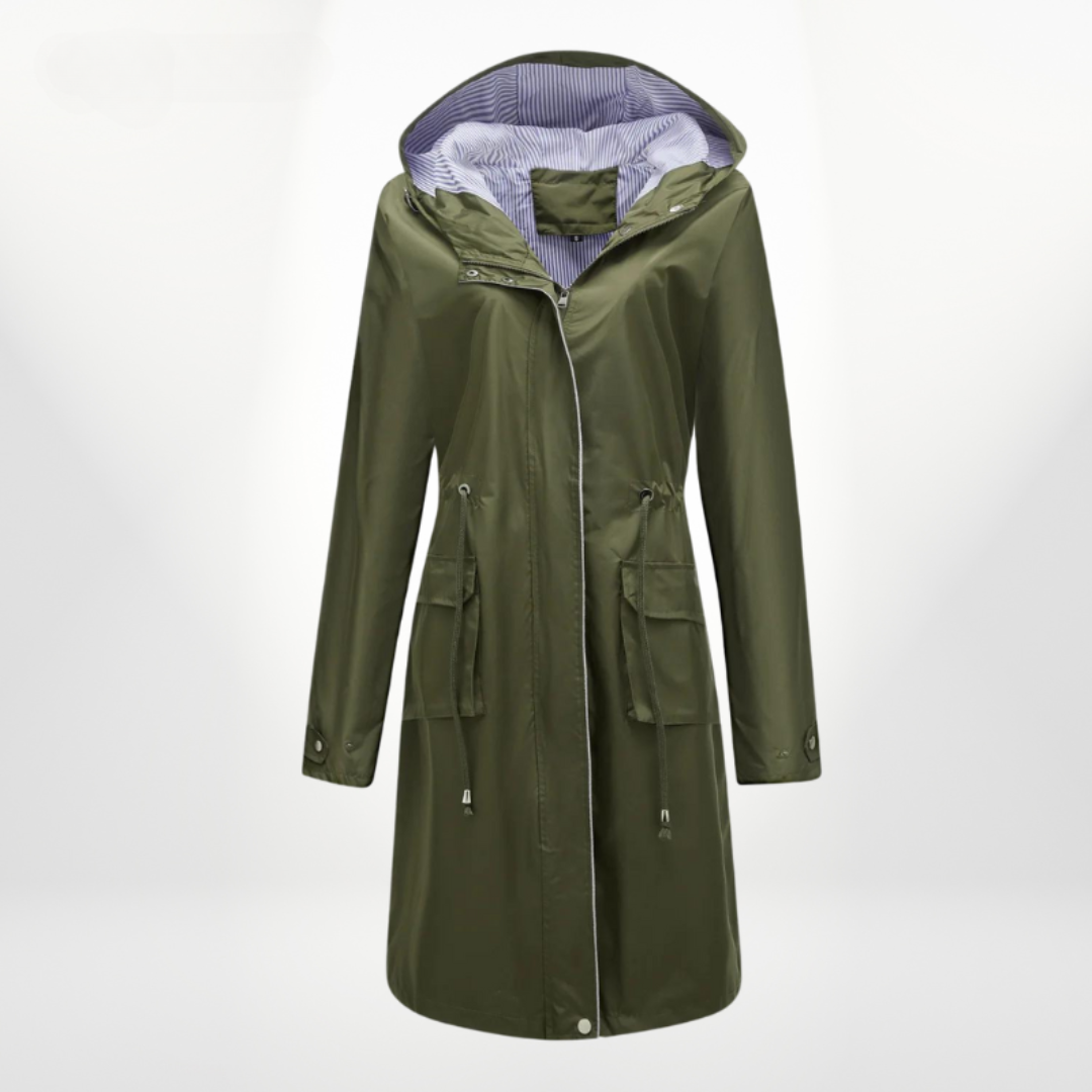 Women's trench coat with hood and drawstring waist
