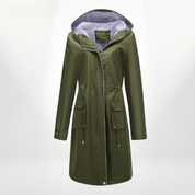 Women's trench coat with hood and drawstring waist