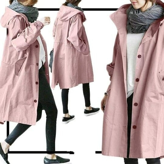 Damen-Trenchcoat mit Kapuze und Knopfleiste für Regen