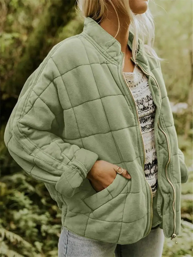 Damen-Winter-Steppjacke mit Reißverschluss, langen Ärmeln und Taschen