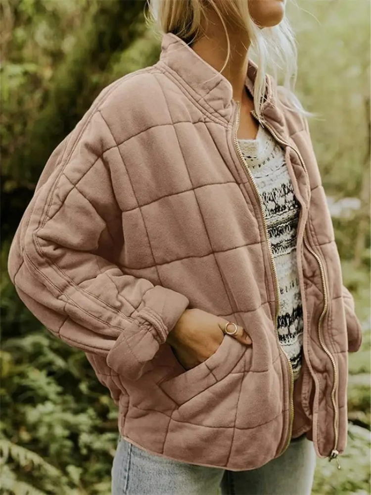 Damen-Winter-Steppjacke mit Reißverschluss, langen Ärmeln und Taschen