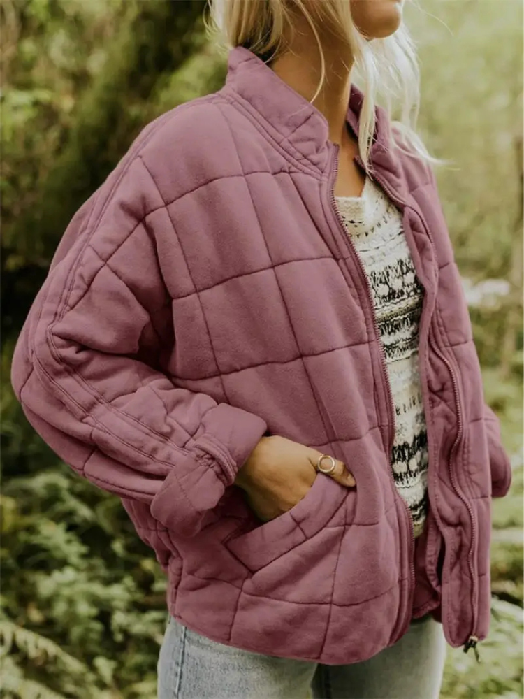 Damen-Winter-Steppjacke mit Reißverschluss, langen Ärmeln und Taschen
