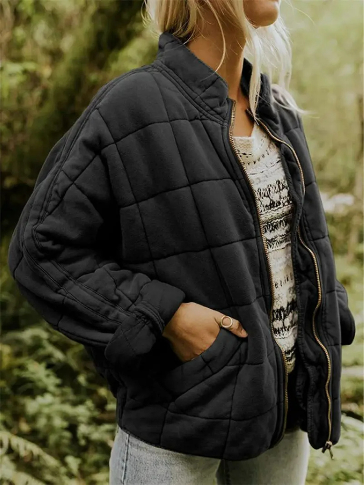 Damen-Winter-Steppjacke mit Reißverschluss, langen Ärmeln und Taschen
