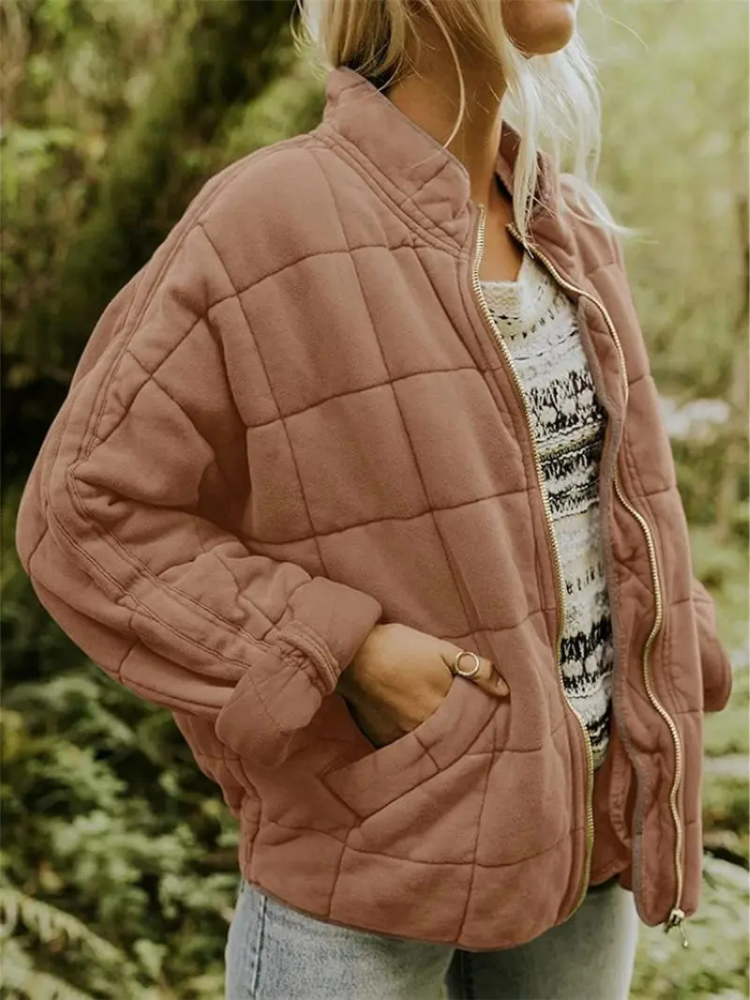 Damen-Winter-Steppjacke mit Reißverschluss, langen Ärmeln und Taschen