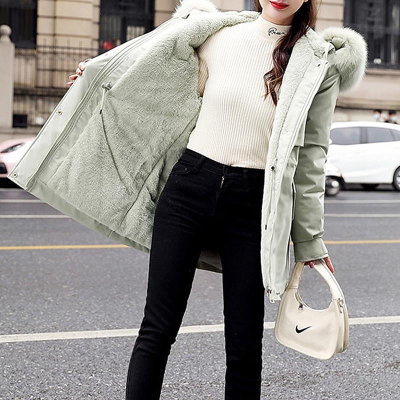 Women's winter coat with faux fur hood and zipper