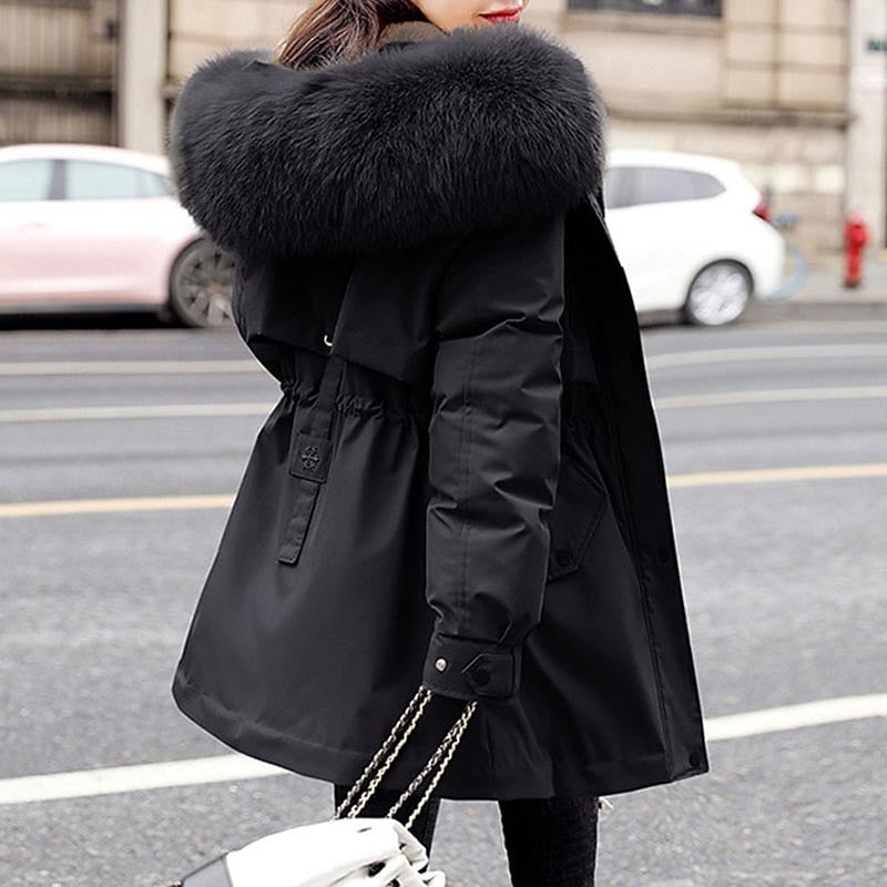 Women's winter coat with faux fur hood and zipper