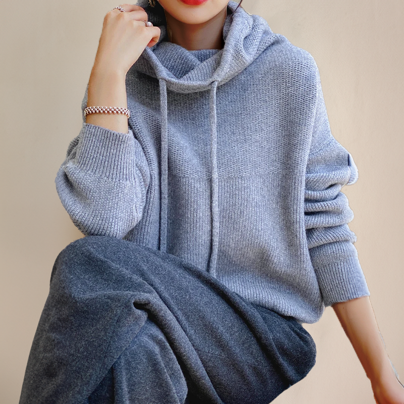 Damen-Winterpullover mit Kapuze, Kordelzug und gerippten Bündchen