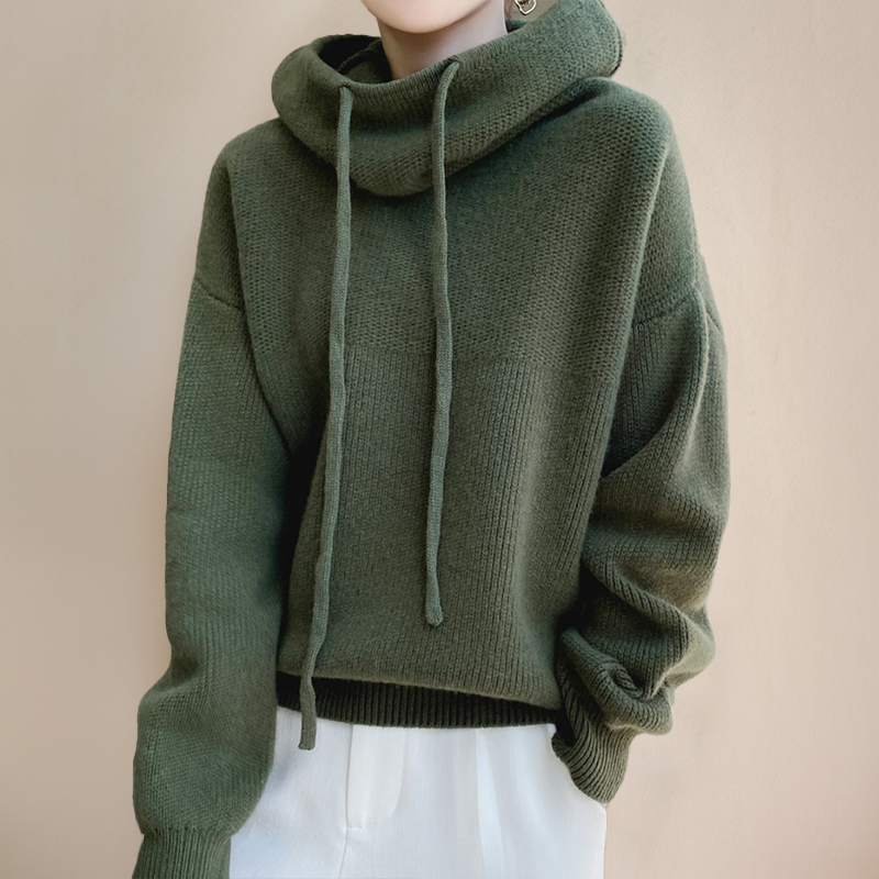 Damen-Winterpullover mit Kapuze, Kordelzug und gerippten Bündchen