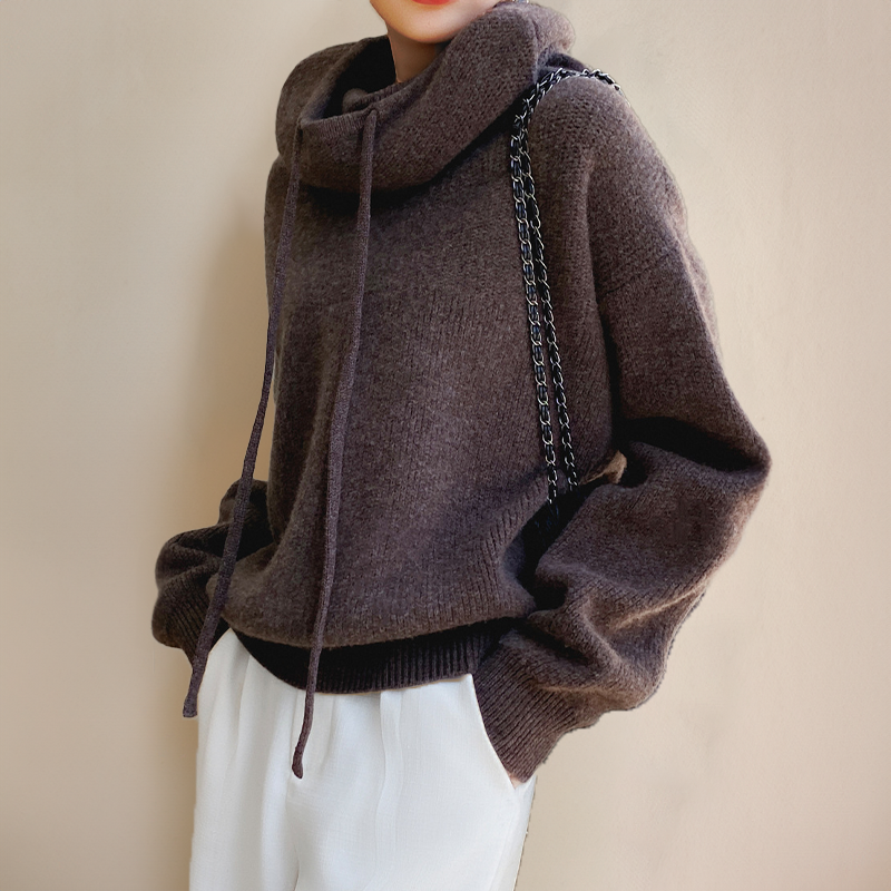 Damen-Winterpullover mit Kapuze, Kordelzug und gerippten Bündchen
