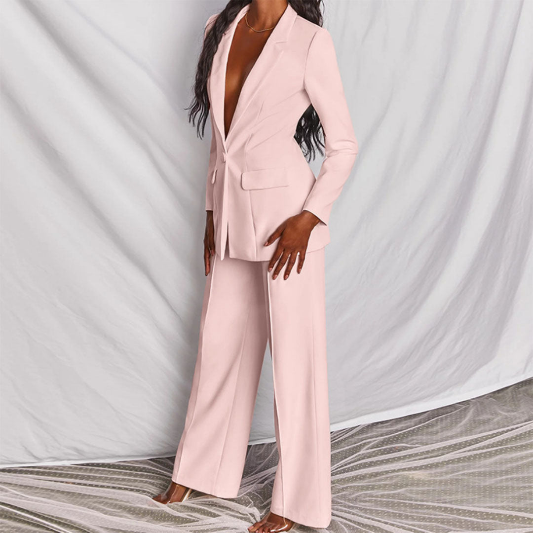 Damen Blazer und Hosen Set mit Reverskragen und Knopfverschluss