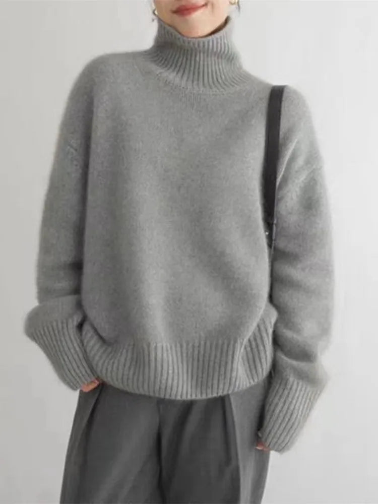 Damen Cashmere Rollkragenpullover mit Rippenbund und Rippenärmeln