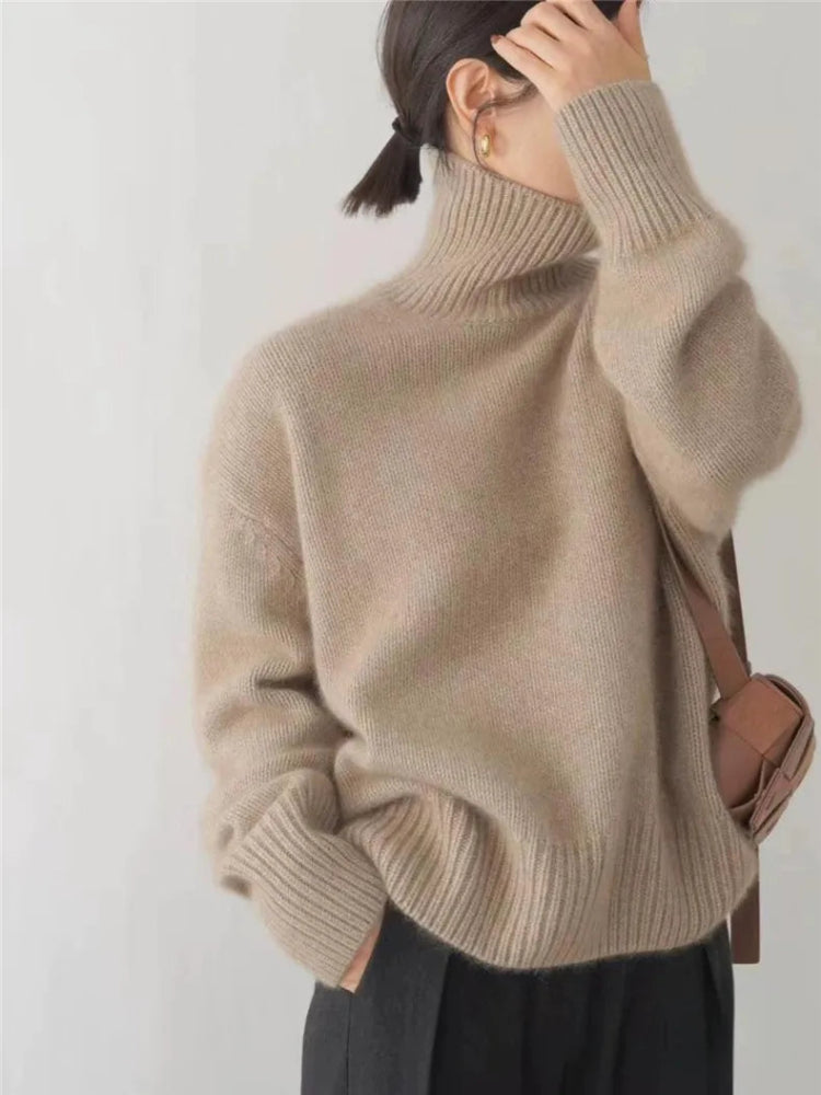 Damen Cashmere Rollkragenpullover mit Rippenbund und Rippenärmeln