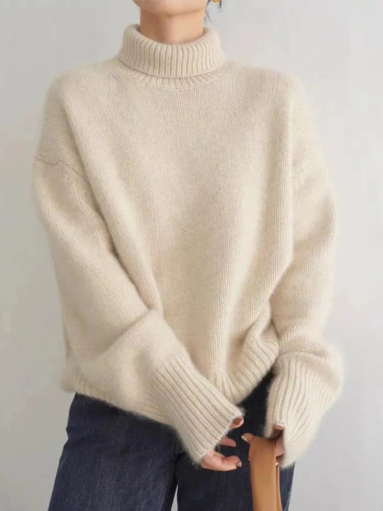Damen Cashmere Rollkragenpullover mit Rippenbund und Rippenärmeln