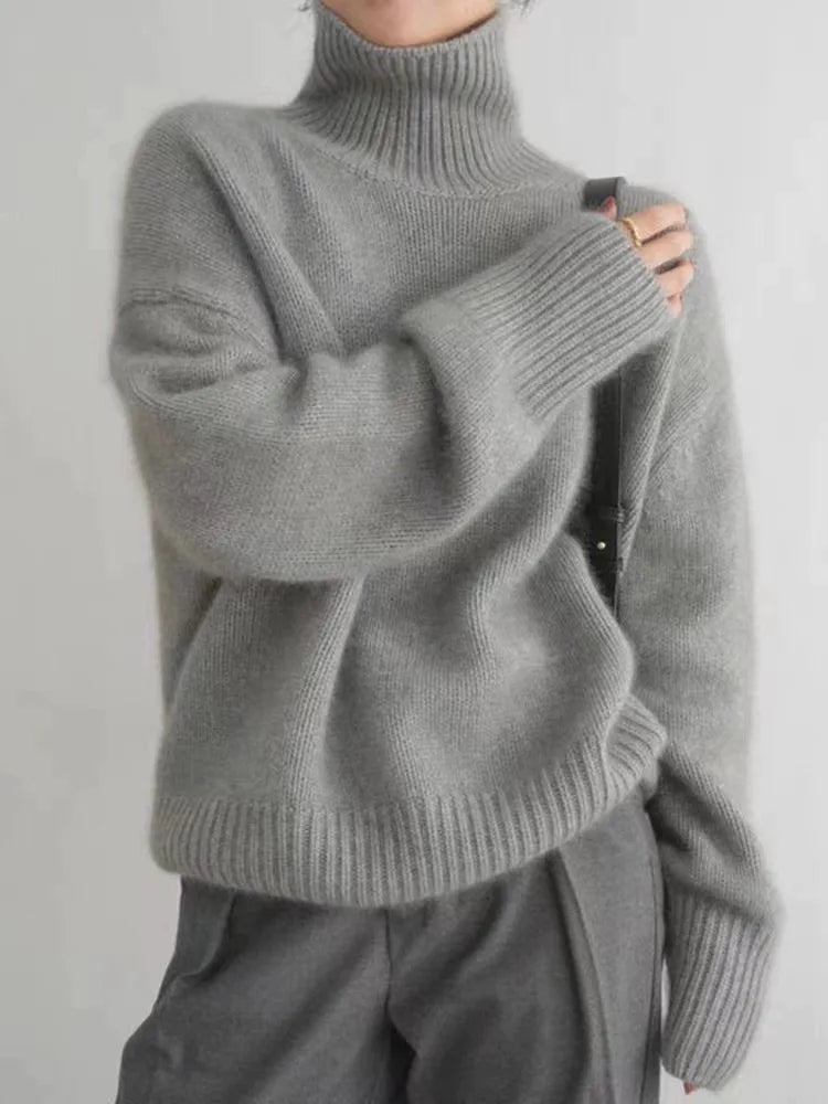 Damen Cashmere Rollkragenpullover mit Rippenbund und Rippenärmeln