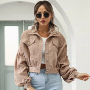 Damen Cropped Jacke mit Knopfverschluss und Klappentaschen
