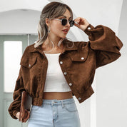 Damen Cropped Jacke mit Knopfverschluss und Klappentaschen