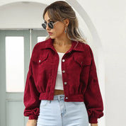 Damen Cropped Jacke mit Knopfverschluss und Klappentaschen