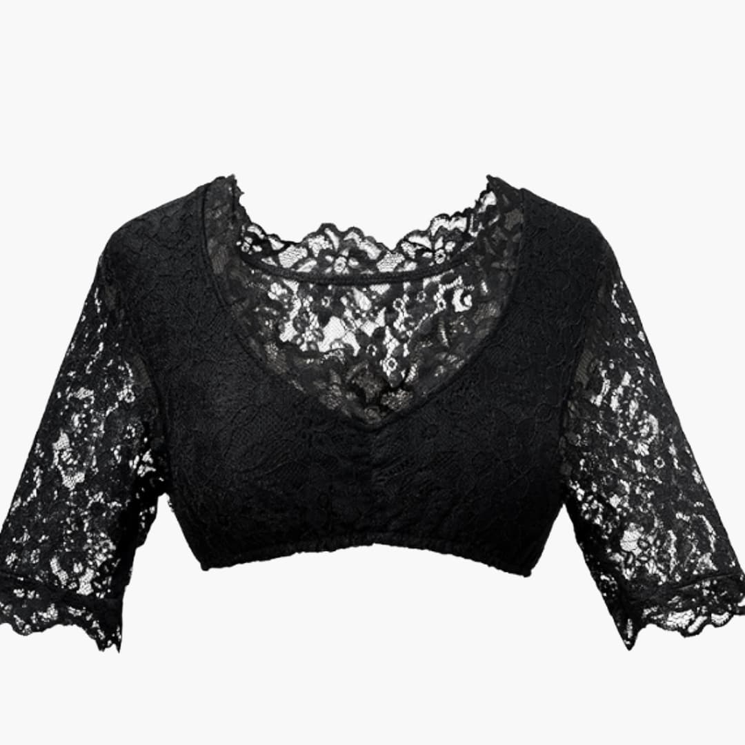 Damen Dirndl Bluse mit Spitzenbesatz kurzen Ärmeln und V-Ausschnitt