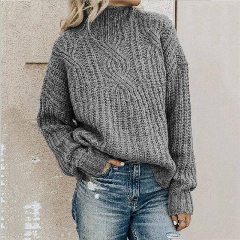 Damen Grobstrickpullover mit hohem Halsausschnitt und langen Ärmeln