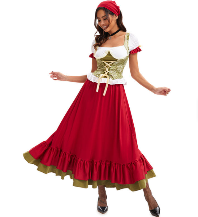 Damen Langes Dirndl Kleid mit Schnürmieder und Lagenrock