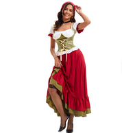 Damen Langes Dirndl Kleid mit Schnürmieder und Lagenrock
