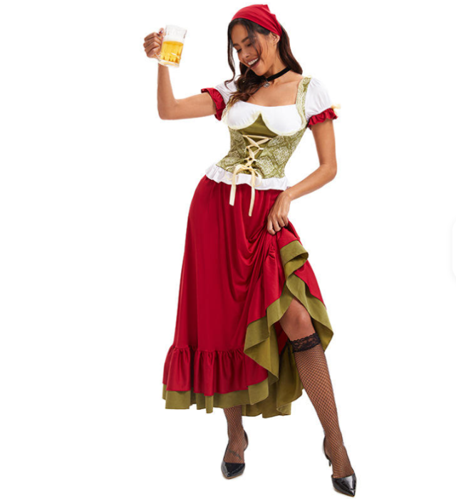 Damen Langes Dirndl Kleid mit Schnürmieder und Lagenrock