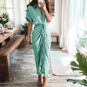 Damen Maxikleid mit kurzen Ärmeln und geknoteter Taille
