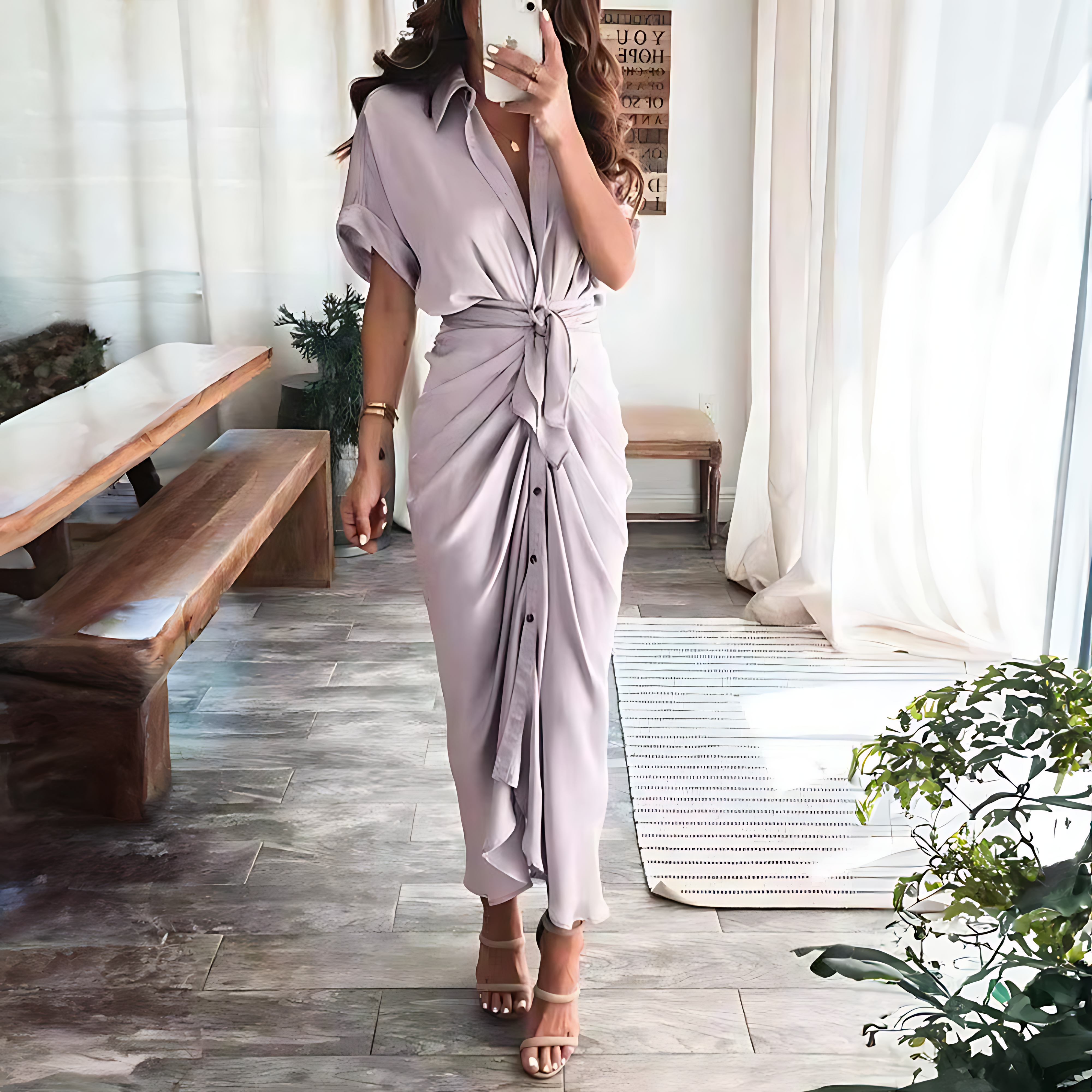 Damen Maxikleid mit kurzen Ärmeln und geknoteter Taille